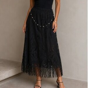 Lace Maxi Skirt S Black Gothic Glam Beaded Fringe‎ Witchy Whimsigoth nwt